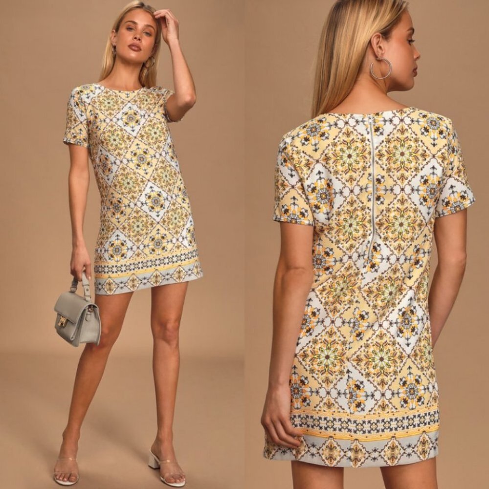 Lulus Dandelion Print Yellow Shift Dress Size XS Short Sleeves Mini Floral Boho